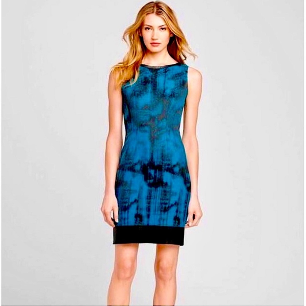 Archived Elie Tahari Leather-Trim Lolly watermark jacquard Sheath dress NWT
